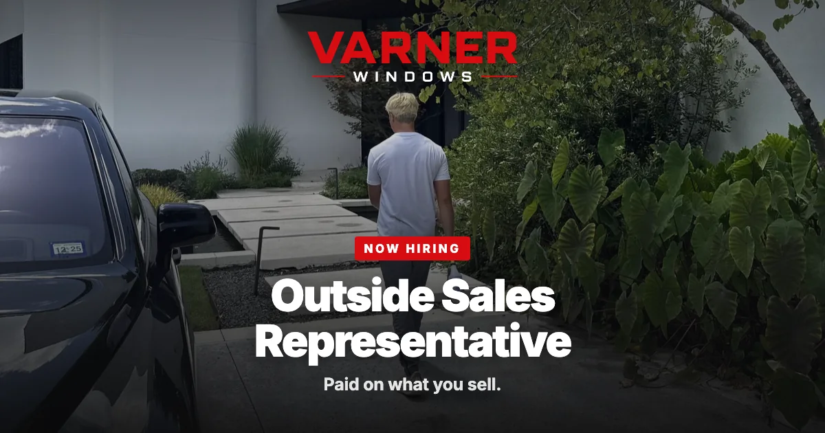 Now hiring: Outside Sales Representative. A Varner rep walking up the front path of a Houston home.